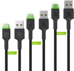 GREEN CELL GC Ray - USB-C kabel set - 3x 30cm 120cm 200cm met LED verlichting fast charging QC 3.0 - Zwart (3 stuks)