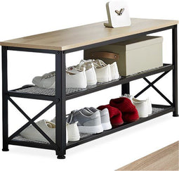Tectake® Blackpool - Schoenenrek met zitje - 3 niveaus - Zwart metalen frame - Lichtbruin