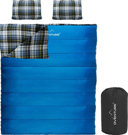 Oventure Double Comfort tweepersoons slaapzak | 190 x 160 cm | Flanellen slaapzak | Comfortabel tot 8 °C | Inclusief hoofdkussens | Zacht en warm materiaal | Dubbele slaapzak | Geschikt voor volwassenen en kinderen | Met compressietas