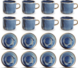 GLAMOMAX'S Choice - Blue Nova Kop en Schotel Set - 20cl - Porselein - 8 Persoons - 16 Delige Koffieset - 8+8 Koffiekop&Schotel - Blauw - Vaatwasserbestendig