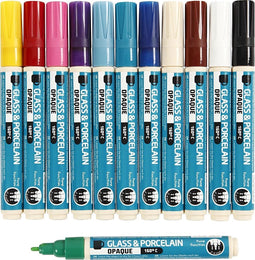 Glas- & Porseleinstiften, Lijndikte 2-4 mm, Dekkend, Diverse Kleuren, 12 Stuk