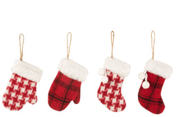 J-Line Hanger Want/Kerstsok Textiel Geruit Rood/Wit Assortiment Van 4