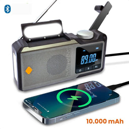 Goliving Noodradio - 17 x 9 x 4 cm - Draagbare Radio - Powerbank Zonneenergie Solar Opwindbaar - Zaklamp Oplaadbaar - Digitale Wekker - Bluetooth - 10000 mAH - 80 dB - Zwart