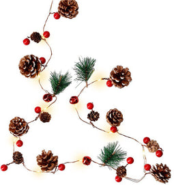 Goobay 20 LED silver wire fairy lights "pine cones & red berries" - with timer function, warm white