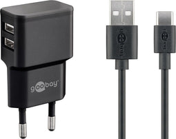 Goobay USB-A thuislader met 2 poorten en losse USB-C kabel - 2,4A / zwart - 1 meter