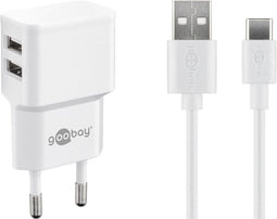 Goobay USB-A thuislader met 2 poorten en losse USB-C kabel - 2,4A / wit - 1 meter