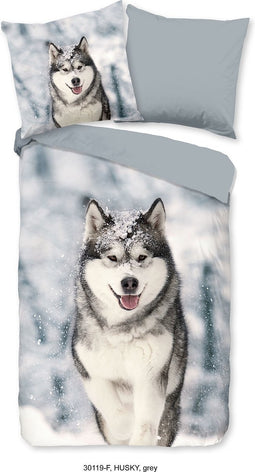 Good Morning Dekbedovertrek "husky hond" - Grijs - (240x200/220 cm) - Katoen Flanel
