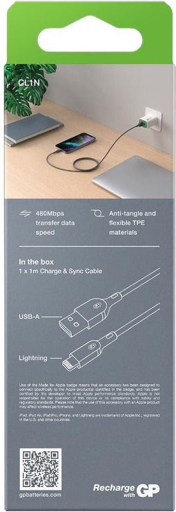 GP USB-laadkabel USB 2.0 USB-A stekker, Apple Lightning stekker 1.00 m Grijs GPCBCl1NGYUSB160