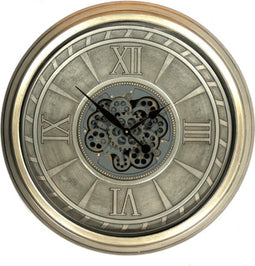 Wandklok industrieel metaal - zilver - bewegende tandwielen - 85 cm