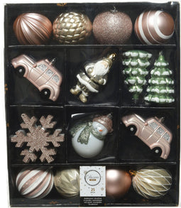 25x stuks kersthangers/kerstballen salie groen/parel/lichtroze/wit - Onbreekbare plastic kerstboomversiering kerstornamenten