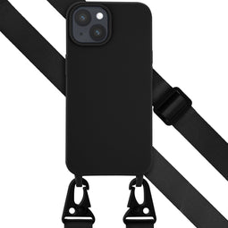 Selencia Hoesje Geschikt voor iPhone 15 Hoesje Met Koord - Selencia Siliconen hoesje met afneembaar koord - Zwart