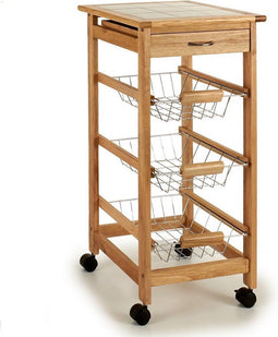 Groente en fruit wagen met lade en 3 manden. Hout en roestvrij staalstructuur. Met 4 wielen