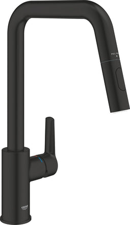GROHE QuickFix Start eengreepsmengkraan met uittrekbare mousseur met twee straalsoorten, hoge U-vormige uitloop, 360° draaibereik, Matte Black (matzwart). Eenvoudig te monteren dankzij GROHE QuickMount