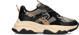 POSH by Poelman GIGI - Dames sneakers - Vetersluiting met chunky zool - Zwart met beige