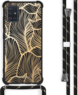 iMoshion Hoesje Geschikt voor Samsung Galaxy A51 Hoesje Met Koord - iMoshion Design Hoesje met Koord - Goud / Zwart / Golden Leaves