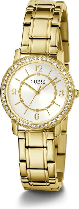 Guess Dames Horloge GW0468L2 Staal met Geelgouden Plating Quartz met Zilverkleurige Wijzerplaat en Zirkonia 32mm