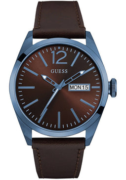 Guess heren horloge (45mm) - lichtblauw met bruin en bruine leren band - Maat: One size