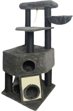 GUILY Donkergrijze kattenboom - 50 x 50 x 141 cm - Donkergrijs - 2 platforms, 1 zitstok, 1 hut, 1 helling, 1 tunnel