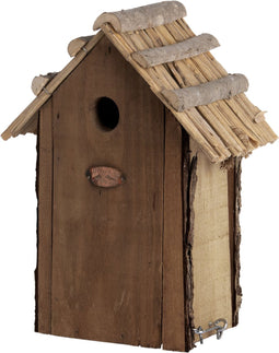 Houten koolmees nestkast met rieten dak.
