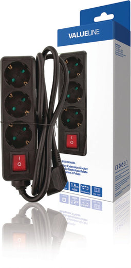 Valueline 3-Wegs Stekkerdoos - 1,5M - Zwart