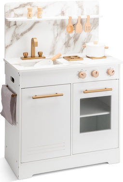 New Classic Toys® Houten Speelgoed Kinderkeuken - Speelkeukentje met Marmer Look en Gouden Kraan - Wit met Accessoires - Werkbladhoogte 55 cm
