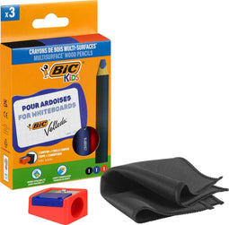 BIC Kids Multisurface- Kleurpotloden met Driehoekige vorm - Uitwisbaar op Niet-Poreuze Oppervlakken - Doos van 3 stuks + 1 Puntenslijper + 1 Doekje - Zwart, Rood, Blauw