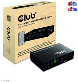 Club 3D CSV-1381 - HDMI Switch 3 naar 1 - 8K60Hz/4K120Hz - Zwart