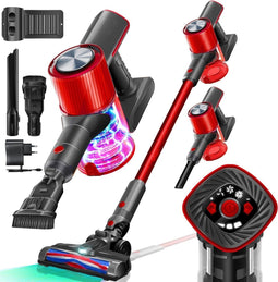 Royalty Line® CVC9316 Steelstofzuiger Draadloos 3 in 1 - Stofzuiger Draadloos Zonder Zak - LED Verlichting - 0.8L Stofbak - Lichtgewicht - Vacuum Cleaner - Rood