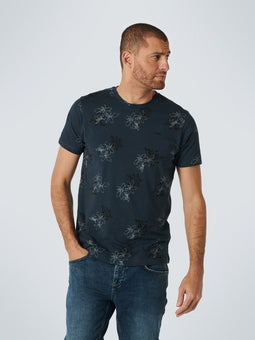 No Excess - Ronde Hals T-Shirt - Botanische print - Donkerblauw
