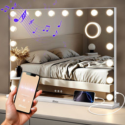 Mirlux Hollywood Spiegel 80x60CM - Make Up Spiegel - 2 Bluetooth Speakers - LED Verlichting - 10x Zoom - Wit