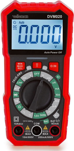 Velleman Digitale multimeter, datahold, geschikt voor het meten van AC/DC-stroom, AC/DC-spanning, weerstand, batterijspanning, continuïteit, temperatuur, inclusief meetsnoeren
