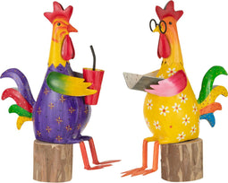 J-Line decoratie Haan Zittend Op Voet - ijzer/hout - mix - 2 stuks