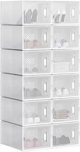 Woltu Schoenendozen Transparant Wit - 12 Stuks - Stapelbaar & Opvouwbaar - Met Voorklep - 25x19x35