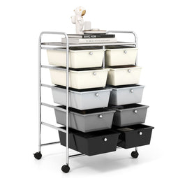 Coast Ladewagen - Rollende Opbergwagen - 10 Lades - Metalen Frame - 65.5 x 37 x 87 cm - Wit/Zwart/Grijs