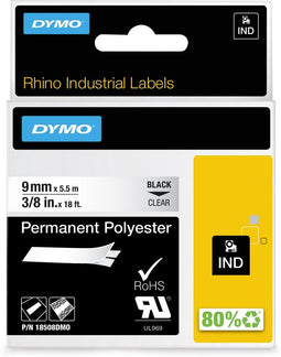 DYMO Rhino - Industriële labels - Permanent Polyester 9 mm x 3,5 m - zwart op transparant