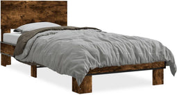 vidaXL - Bedframe - bewerkt - hout - en - metaal - gerookt - eikenkleurig - 100x200 - cm