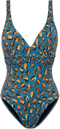 Cyell Pantera - Badpak Voorgevormd Dames - V-hals - Blauw/Bruin/Geel