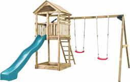 Houten Speeltoestel Daan (SwingKing) | Speeltoren met Glijbaan en Dubbele Schommel voor Buiten in de Tuin | FSC Hout - Glijbaan Turquoise blauw