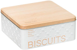 Excellent Houseware Koektrommel Biscuits - wit - 20 x 20 x 8 cm - 1600 ML - bewaarblik met bamboe deksel - metaal