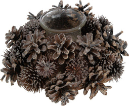 J-Line theelichthouder Krans - dennenappels - glas - donkerbruin