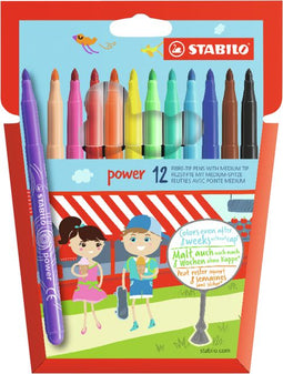 STABILO Power - Viltstift - Tot 8 Weken Zonder Dop - Etui Met 12 Kleuren