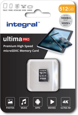 Integral - Premium High Speed microSDXC V30 UHS-I U3 - 512GB 100MB/s read 80MB/s write (incl. SD-adapter)