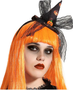Halloween heksenhoed - mini hoedje op diadeem - one size - zwart/oranje - meisjes/dames - verkleed accessoires