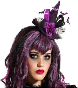 Halloween heksenhoed - mini hoedje op diadeem - one size - zwart/paars - meisjes/dames - verkleed accessoires