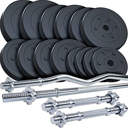 Halterset 80 kg, kunststof gewichten, 1 x lange halterstang, 1 x SZ curlstang, 2 x korte halters normaal/lang, met schroefdraad