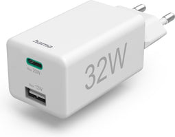 Hama Snellader, 1x USB-C, 1x USB-A, mini-oplader, PD, 32 W, wit