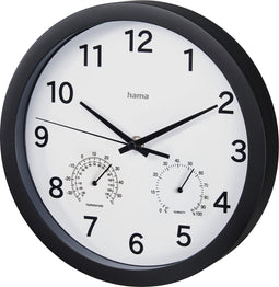 Hama Wandklok "Pure Plus", Ø 25 cm, met thermo-/hygrometer, geluidsarm, zwart