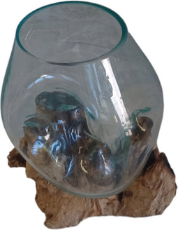 Handgemaakte Vaas op Teakhout - Viskom Small - Glas gesmolten op Hout