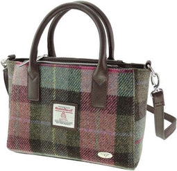 Handtas Brora Gedempt Groen & Paars Tartan - Ritssluiting - Draagband - Harris Tweed - Glen Appin of Scotland