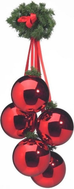 Hangende rode kerstballen 5 stuks 10 cm met groen